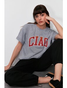 Trendyol Gray Melange 100% Cotton Slogan Printed Oversize/Wide-Fit Knitted T-Shirt