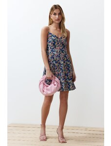 Trendyol Blue Floral Print A-line Double-breasted Collar Mini Woven Dress