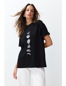 Trendyol Black 100% Cotton Planet Print Oversize/Wide Knit T-Shirt