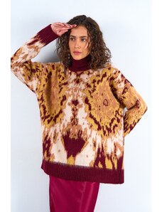 Laluvia Burgundy-Gold Turtleneck Raised Sweater