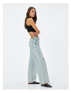 Koton Straight Wide Leg Low Waist Denim Trousers Frayed Pocket Cotton - Loose Straight Jeans