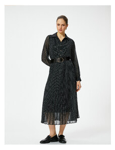 Koton Polka Dot Chiffon Dress Midi Pleated Long Sleeve Buttoned Belted