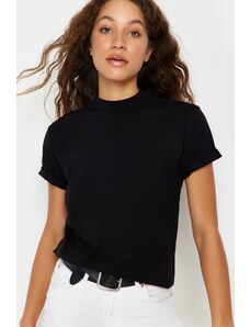 Trendyol černé pletené tričko se stojáčkem ze 100% bavlny Basic se stojáčkem