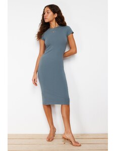 Trendyol Light Anthracite Short Sleeve Fitted/Sticky Cotton Stretch Midi Knit Dress