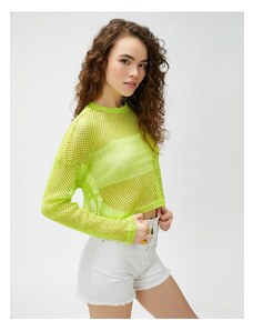 Koton Long Sleeve T-Shirt Mesh Knit Crop Crew Neck