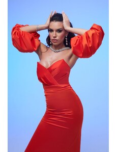 Carmen Orange Satin Balloon Sleeve Short Evening Dress