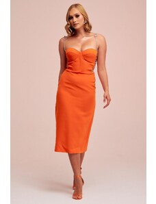 Carmen Orange Stone Tied Midi Crepe Evening Dress