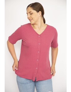 Şans Women's Pomegranate Large Size V-neck Front Ornamental Buttoned Camisole Fabric Short Sleeve Blouse