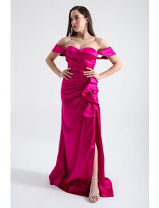 Lafaba Women's Fuchsia Heart Neck Frilly Long Satin Evening Dress