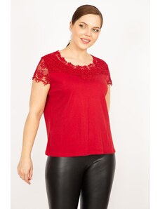 Şans Women's Red Plus Size Cotton Fabric Lace Detail Blouse
