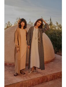 Trendyol Khaki Long Linen Look Striped Woven Cap & Abaya & Abaya