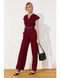 Trendyol Burgundy Belted Double Breasted Collar Maxi Woven Jumpsuit