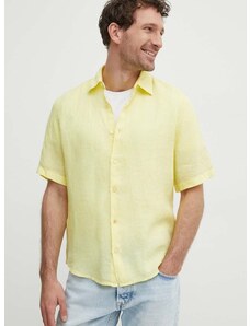 Lněná košile BOSS ORANGE žlutá barva, regular, s klasickým límcem, 50489345