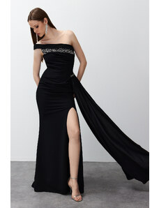 Trendyol Black Single Sleeve Stone Accessory Long Evening Dress