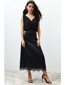 Trendyol Black Satin Skirt with Lace Detail Midi Woven Skirt