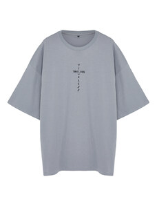 Trendyol Men's Plus Size Gray Oversize Comfort Printed 100% Cotton T-Shirt
