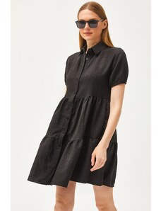 Olalook Women's Black Pieced Linen Content Shirt Dress