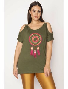 Şans Women's Plus Size Khaki Embroidery Detailed Off-the-Shoulder Viscose Blouse