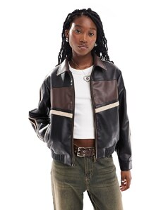 ONLY retro faux leather racer bomber jacket in brown-Black