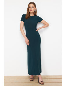 Trendyol Emerald Green Short Sleeve Bodycone/Slippery Crew Neck Stretch Knitted Maxi Dress