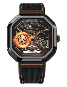 Agelocer Watches Černé pánské hodinky Agelocer s gumovým páskem Volcano Series Black / Orange 44.5MM Automatic