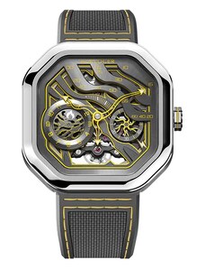 Agelocer Watches Stříbrné pánské hodinky Agelocer s gumovým páskem Volcano Series Silver / Yellow 44.5MM Automatic
