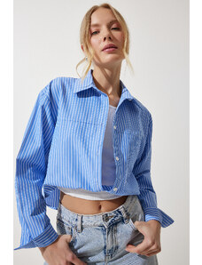 Happiness İstanbul Women's Sky Blue Blouse Detailed Crop Shirt