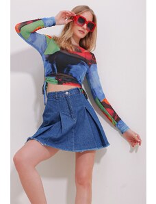 Trend Alaçatı Stili Women's Blue Crew Neck Digital Patterned Side Gathered Tulle Crop Blouse