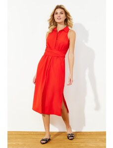 Trendyol Red Belted Midi Woven Shirt Dress