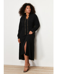 Trendyol Curve Black Accessory Detailed Chiffon Woven Midi Dress
