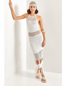 Bianco Lucci Women's Patterned Knitwear Dress with Tassels.