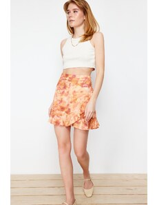 Trendyol Orange Tie-Dye Patterned Hem Ruffled Viscose Woven Short Skirt