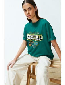 Trendyol Emerald Green Oversize Printed Crew Neck Short Sleeve Knitted T-Shirt