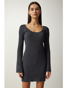Happiness İstanbul Women's Gray Boat Neck Ribbed Wrap Knitted Dress