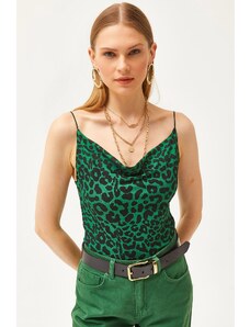 Olalook Women's Leopard Emerald Green Collar Rope Strappy Blouse