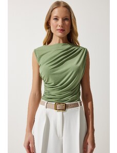 Happiness İstanbul Women's Almond Green Gathered Sleeveless Knitted Blouse