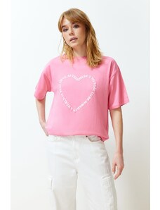 Trendyol Pink 100% Cotton Heart Motto Printed Oversize/Casual Fit Knitted T-Shirt