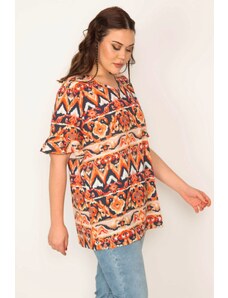 Şans Women's Plus Size Orange V-Neck Flounce Sleeve Blouse