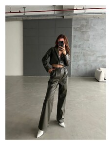 Laluvia Khaki Leather Crop Single Button Blazer Jacket Pants Suit