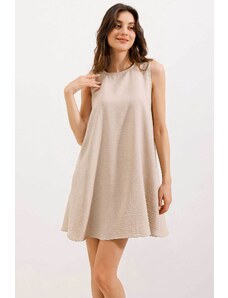 Bigdart 2444 Detailed Mini Linen Dress - Beige