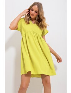 Trend Alaçatı Stili Women's Oil Green V-Neck Double Sleeve Flounce Woven Dress