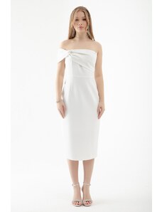 Lafaba Women's White Double Bandage One-Shoulder Midi Evening Dress