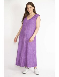 Şans Women's Lilac Plus Size Lace Detailed V-Neck Side Slit Linen Dress