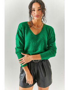 Olalook Women's Grass Green V-Neck Soft Textured Knitwear Sweater