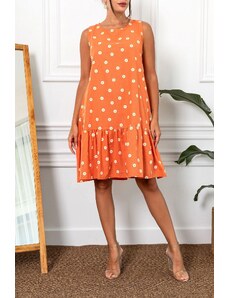 armonika Women's Orange Daisy Pattern Sleeveless Frilly Skirt Dress
