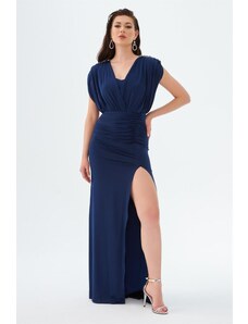 Carmen Navy Blue Sandy Slit Decollete Long Evening Dress