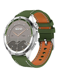 Chytré hodinky Madvell Pathfinder s bluetooth voláním stříbrná s zeleným rámečkem a koženým řemínkem