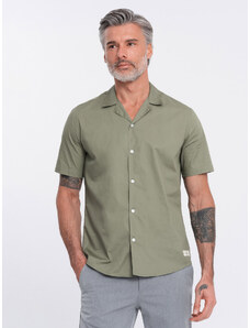 Ombre Clothing Pánská košile s krátkým rukávem a kubánským límcem - khaki V4 OM-SHSS-0168