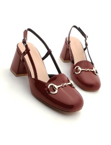 Marjin Women's Chunky Heel Buckled Open Back Classic Heeled Shoes Mirka Burgundy Patent Leather