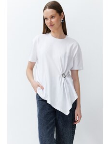 Trendyol White 100% Cotton Asymmetrical Knitted T-Shirt with Gold Accessory Detail